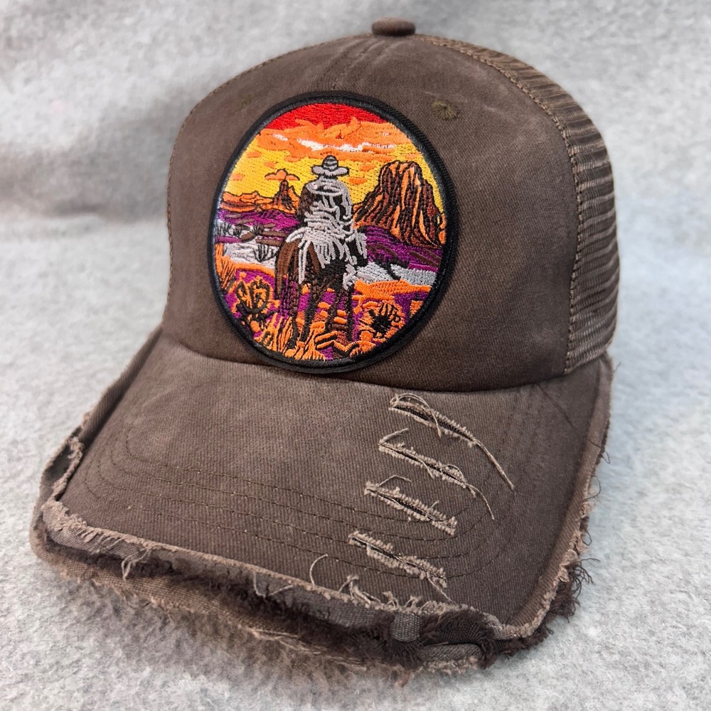 Cowboy Landscape Patch Brown Unbranded Trucker Hat Distressed Snapback OSFM